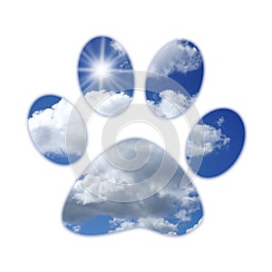 Cute paw print with sky clouds and sunshine on a white background