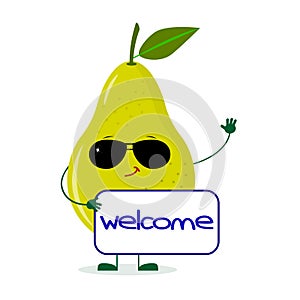 Cute pear green character in sunglasses keeps the signboard welcome.