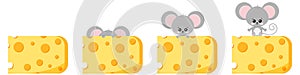 Cute peek out mouse and cheese vector flat image set isolated on white background.