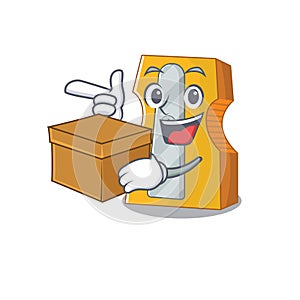 Cute pencil sharpener cartoon character having a box