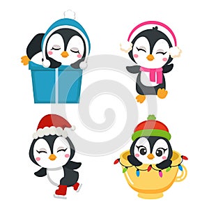 Cute penguin activities at Christmas party clipart set