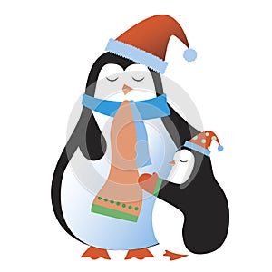 Cute penguin with baby penguin in scarf and hat isolated on white background, flat vector stock illustration with penguin