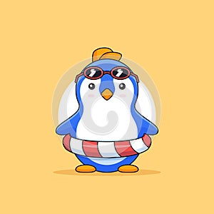 Cute penguin beach vacation wearing sun glasses and float tire animal mascot cartoon vector illustration