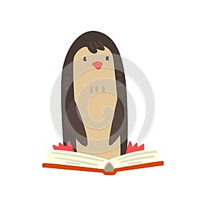 Cute penguin bird cartoon character reading a book, school education and knowledge concept vector Illustration on a