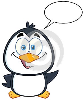 Cute Penguin Cartoon Character Waving With Speech Bubble