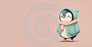 Cute penguin cartoon with clothes, pastel color, animal greeting card, fairy tale character, love and emotion, generative AI