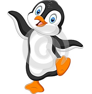 Cute penguin cartoon dancing on white background