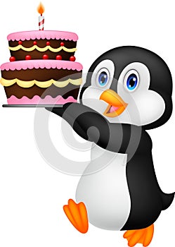 Cute penguin cartoon holding birthday cake