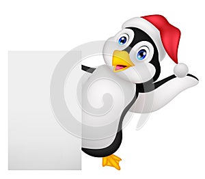Cute penguin cartoon with red hat waving