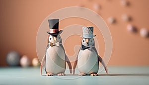 Cute penguin celebrates love with family on snowy wedding day generated by AI