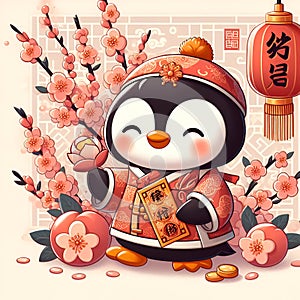 A cute penguin in chinese new year costums, with peach blossoms flower, peach fruits, red lampion, cartoon, fantasy, vector art photo