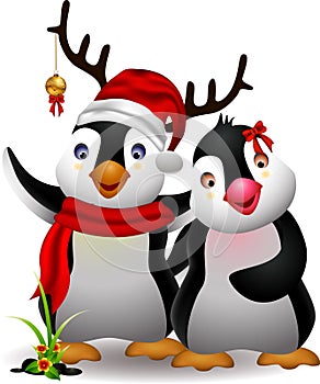 Cute penguin christmas cartoon couple with love