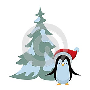 Cute penguin with christmas hat and pine tree