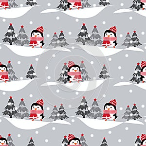 Cute penguin in Christmas winter seamless pattern