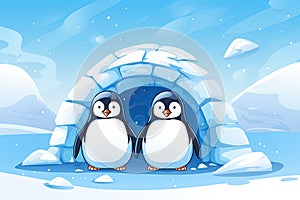 cute penguin couple in igloo on winter landscape AI generated