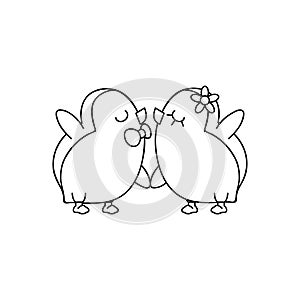 Cute penguin couple in love isolated on white background. Coloring book for children. Valentines day vector illustration.