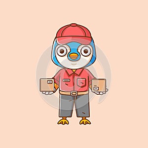 Cute penguin courier package delivery animal chibi character mascot icon flat line art style illustration concept cartoon