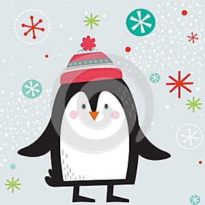 Cute penguin with cute hat on snowing background