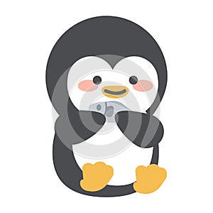 Cute penguin Eating Fish Flat Cartoon Style