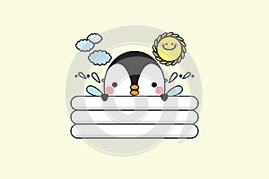 Cute penguin enjoy having fun swimming and relaxing in small inflatable pool on hot summer day