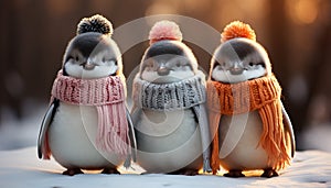 Cute penguin family in warm knit hats enjoying winter outdoors generated by AI