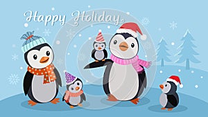 Cute penguin family in winter with text happy holiday.