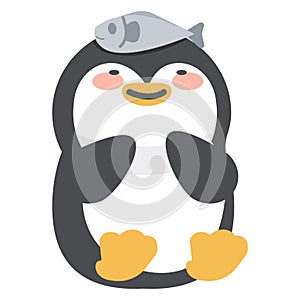 Cute penguin with Fish Flat Cartoon