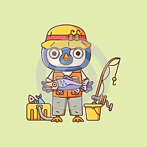 Cute penguin fisher fishing animal chibi character mascot icon flat line art style illustration concept cartoon