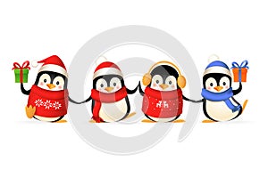 Cute penguin friends celebrate winter holidays - vector illustration isolated on white background