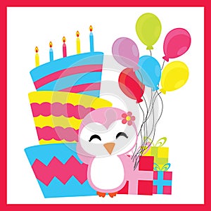 Cute penguin girl with birthday cake, balloons, and gifts cartoon, Birthday postcard, wallpaper, and greeting card