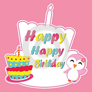 Cute penguin girl is happy on birthday cake frame vector cartoon, Birthday postcard, wallpaper, and greeting card