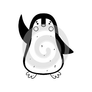 Cute penguin in hand drawn doodle style. Vector illustration isolated on white. Coloring page.