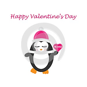 Cute penguin with heart, happy valentine\'s day, be mine, flat design for invitation card, vector illustration in cartoon style