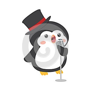 Cute Penguin holding microphone sing