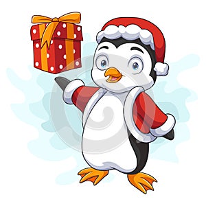 Cute penguin holding present
