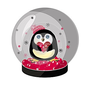 Cute penguin holding a red heart with hand drawn pattern, in glass ball with snowflakes