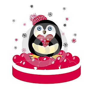 Cute penguin holding a red heart with hand drawn pattern and red bubbles, isolated on white