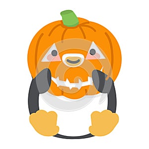 Cute penguin holiding a pumpkin