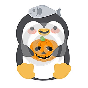 Cute penguin holiding a pumpkin