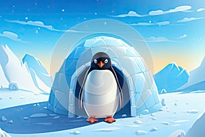 cute penguin in igloo on winter landscape AI generated