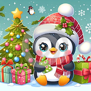 A cute penguin in joliday costums, with the snow flakes, beautiful christmas tree and the gifts, cartoon, fantasy, printable photo