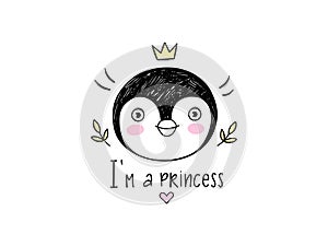 Cute penguin princess with crown isolated on white. Doodle animal face illustration. Vector character. Ideal for kids or