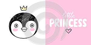 Cute penguin princess with crown isolated on white. Doodle animal face illustration. Vector character. Little princess -