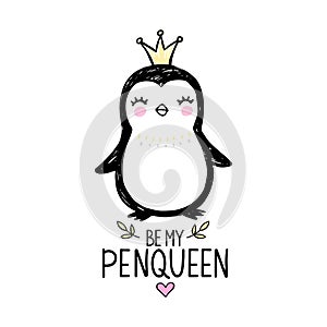 Cute penguin princess with crown isolated on white. Doodle animal illustration. Vector character. Ideal for kids or