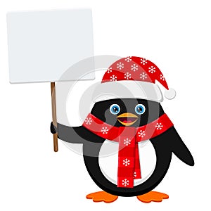 Cute penguin in red hat with blank banner isolated on white background