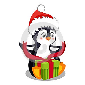 Cute penguin in Santa's hat. cartoon character opening christmas box, red ribbon