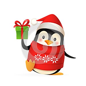 Cute penguin with Santas hat, sweater and gift celebrate Christmas holidays - vector illustration isolated on white background