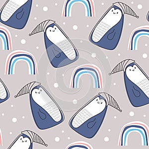 Cute penguin seamless pattern with nordic winter theme. Vector animal wearing hat on christmas with rainbow pastel colors