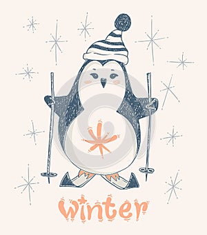 Cute penguin skiing. Vector print design for kid t-shirts,dress or greeting cards.