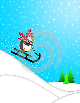 Cute Penguin on Sled Downhill Illustration